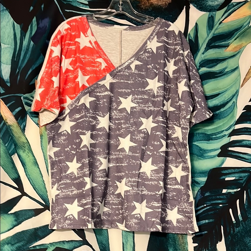 Patriotic American Star Patterned V-Neck Top